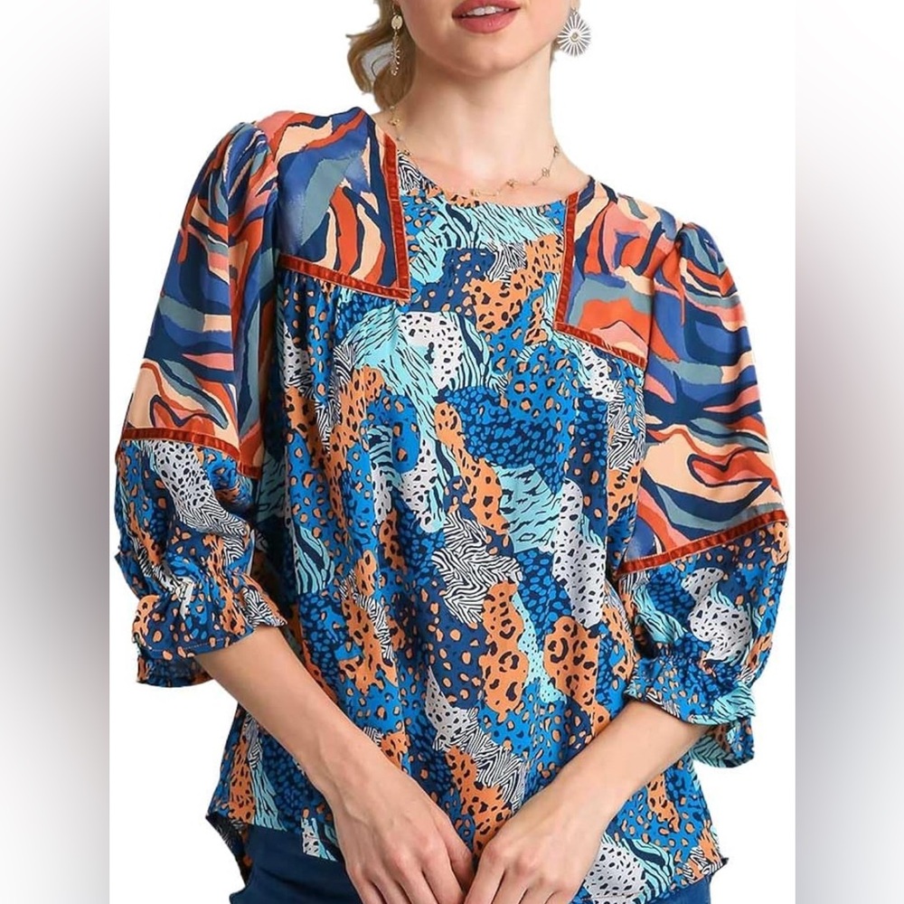 Umgee Colorful Abstract Animal Print Top Lightweight Bohemian Blouse